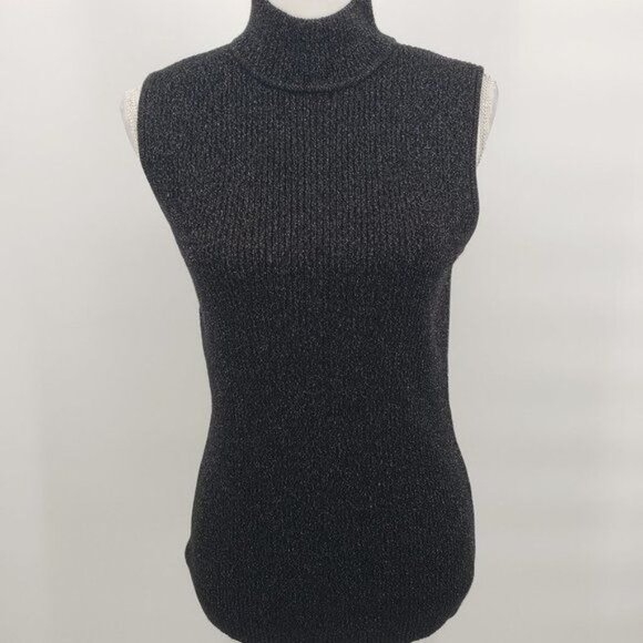 DANA BUCKMAN Mock Neck Sleeveless Tank Sweater Top Black Glitter Size Medium - Picture 2 of 9